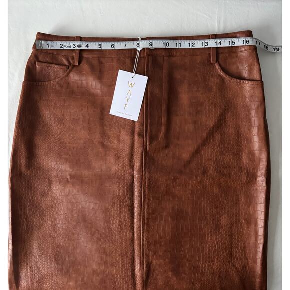 New WAYF Roberta Croc Embossed Midi Skirt in Brown Faux Leather Size L - Picture 10 of 13